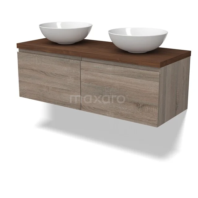 Holz-Badmöbel mit zwei weißen keramischen Aufsatzwaschbecken, Wandmontage und stilvoller Holzmaserung.