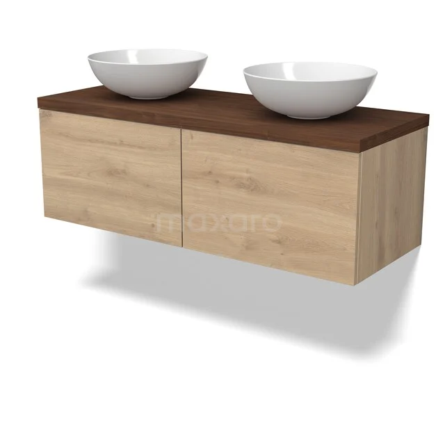 Modulo Plato Vanity units for countertop basin | 120 cm Light brown oak Flat front Walnut worktop 2 Side-by-side drawers BMK12-02202 Houten badkamermeubel met twee witte wastafels, zwevend design, donker houten bovenblad, ideaal voor moderne badkamers.