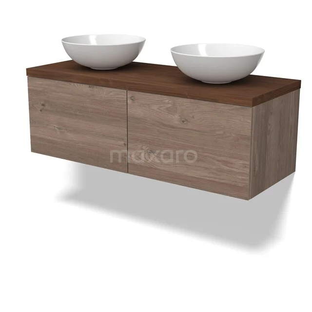 Modulo Plato Badkamermeubel voor waskom | 120 cm Middenbruin eiken Vlak front Walnoot blad 2 lades naast elkaar BMK12-02204 Badkamermeubel houtlook met twee witte wastafels, hangend design, perfect voor moderne badkamerinrichting.