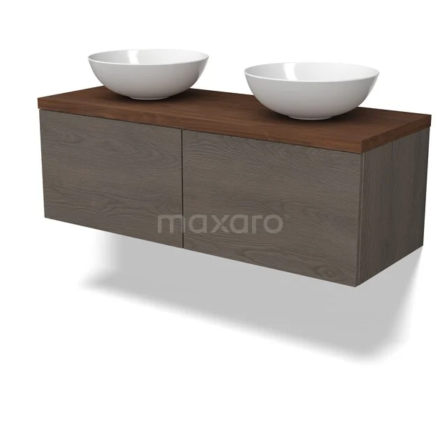 Modulo Plato Vanity units for countertop basin | 120 cm Dark brown oak Flat front Walnut worktop 2 Side-by-side drawers BMK12-02206 Zwevend badkamermeubel, donker hout, met twee witte keramische waskommen; modern design voor een stijlvolle badkamer.