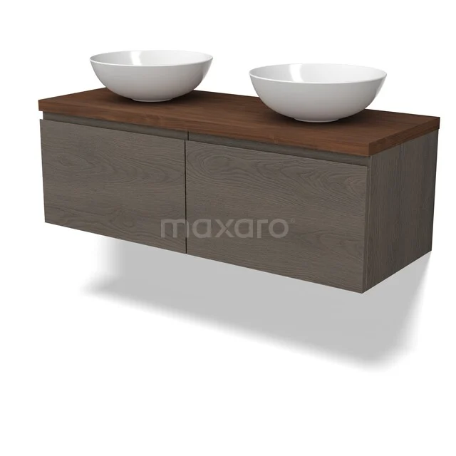 Modulo Plato Badkamermeubel voor waskom | 120 cm Donkerbruin eiken Greeploos front Walnoot blad 2 lades naast elkaar BMK12-02207 Houten badkamermeubel met zwevend design, donkere houttint en dubbele witte waskommen, ideaal voor moderne badkamers.