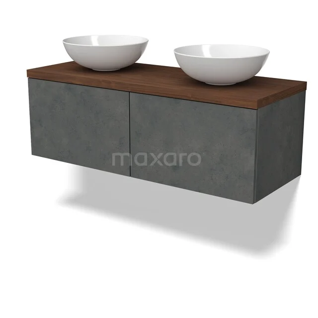 Modulo Plato Badkamermeubel voor waskom | 120 cm Donkergrijs beton Vlak front Walnoot blad 2 lades naast elkaar BMK12-02210 Zwevend badkamermeubel betonlook met houten blad en dubbele witte waskommen, modern en stijlvol design.