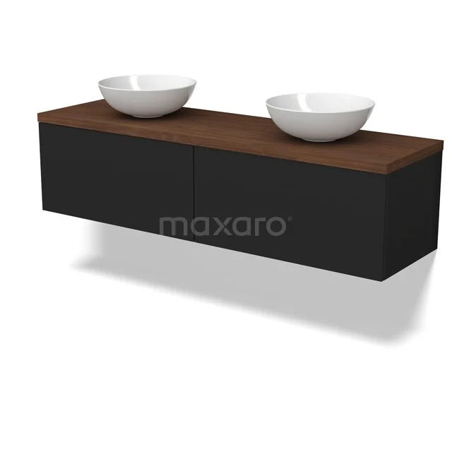 Modulo Plato Vanity units for countertop basin | 160 cm Matte black Flat front Walnut worktop 2 Side-by-side drawers BMK12-02212 Zwevend wastafelmeubel zwart met houtlook, dubbel waskomontwerp, modern badkamermeubel voor stijlvolle inrichting.