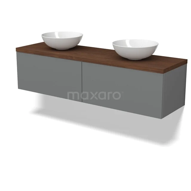 Modulo Plato Vanity units for countertop basin | 160 cm Mid grey Flat front Walnut worktop 2 Side-by-side drawers BMK12-02216 Grijs hangend badkamermeubel met houten blad en twee opzetwastafels, modern design en strak vormgegeven.