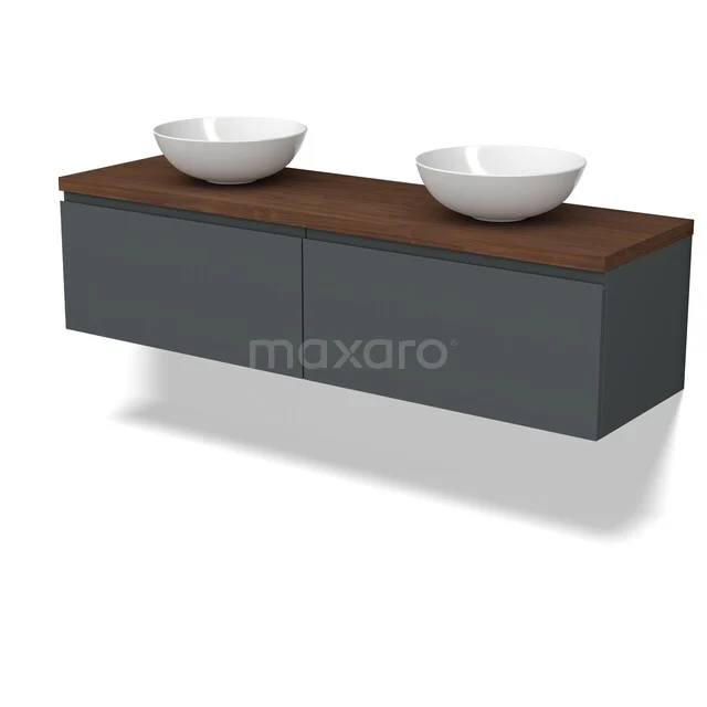 Modulo Plato Vanity units for countertop basin | 160 cm Dark grey Handle-less front Walnut worktop 2 Side-by-side drawers BMK12-02223 Grijs badkamermeubel met houten blad, dubbele wastafels, modern design; ideaal voor een stijlvolle badkamer uitstraling.