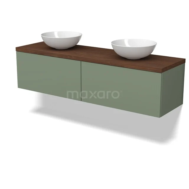 Groen zwevend badkamermeubel met houten blad en dubbele witte opzetkommen, strak design uit moderne collectie.