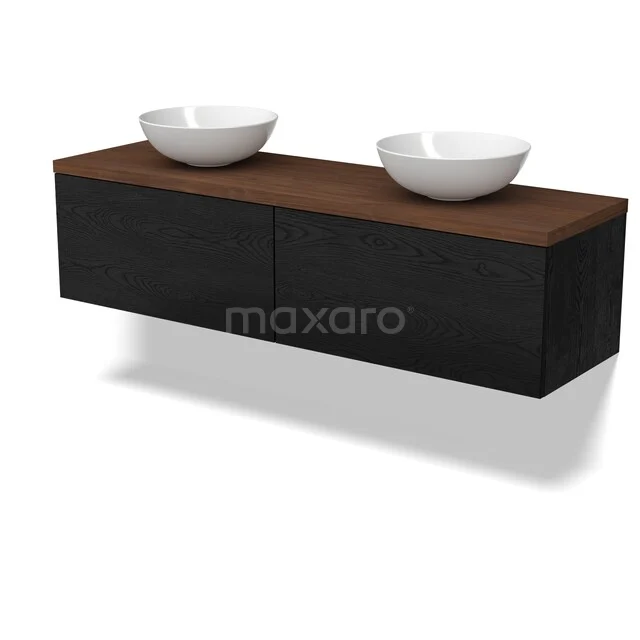Modulo Plato Vanity units for countertop basin | 160 cm Black oak Flat front Walnut worktop 2 Side-by-side drawers BMK12-02226 Zwevende zwarte badkamermeubel met donkerhouten blad, twee witte keramische waskommen, modern design.