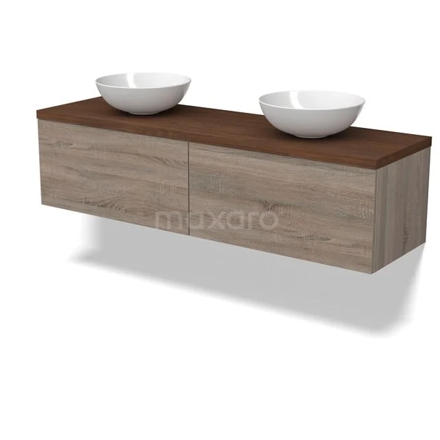 Houten badkamermeubel met twee waskommen, zwevend design en donkerbruin blad, ideaal voor moderne badkamerinrichtingen.