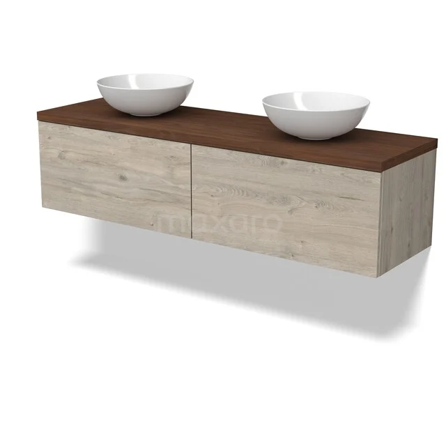 Modulo Plato Vanity units for countertop basin | 160 cm Light grey oak Flat front Walnut worktop 2 Side-by-side drawers BMK12-02230 Houten badkamermeubel met twee witte waskommen, modern design, zwevend met bruine bovenkant en lichte houttint.