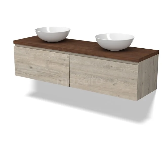 Modulo Plato Vanity units for countertop basin | 160 cm Light grey oak Handle-less front Walnut worktop 2 Side-by-side drawers BMK12-02231 Houten badmeubel met dubbele keramische opbouwkommen, hangend design, bruin blad en lichte afwerking voor moderne badkamers.
