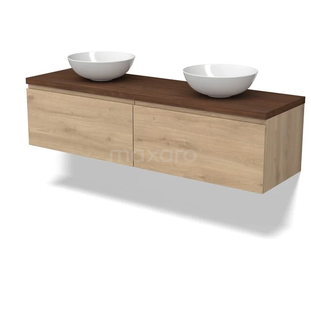 Modulo Plato Vanity units for countertop basin | 160 cm Light brown oak Handle-less front Walnut worktop 2 Side-by-side drawers BMK12-02233 Houten badkamermeubel met hangende design wastafel, donkerbruin blad, twee witte waskommen; modern en minimalistisch.