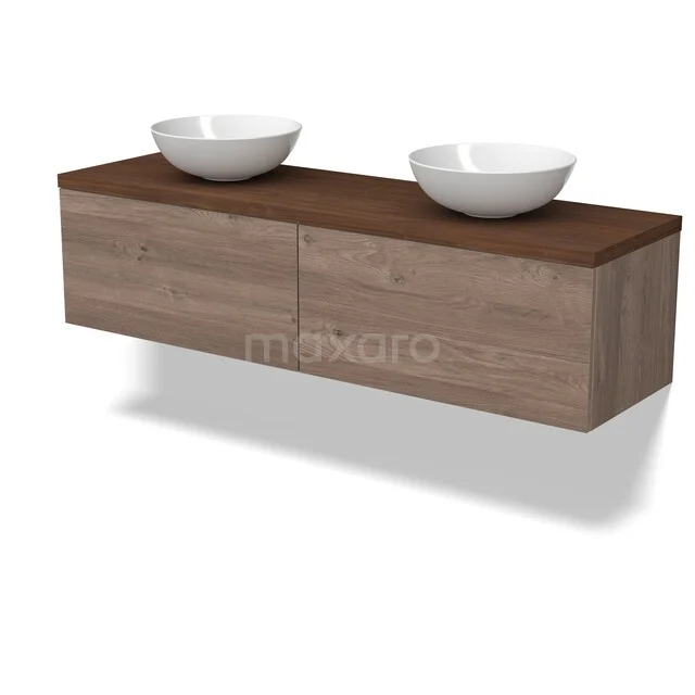 Modulo Plato Vanity units for countertop basin | 160 cm Mid brown oak Flat front Walnut worktop 2 Side-by-side drawers BMK12-02234 Dubbele wastafelmeubel met witte kommen, houtlook afwerking en zwevend ontwerp, ideaal voor een moderne badkamer.