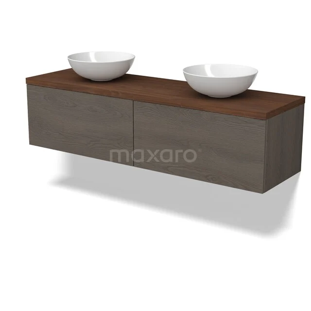 Modulo Plato Vanity units for countertop basin | 160 cm Dark brown oak Flat front Walnut worktop 2 Side-by-side drawers BMK12-02236 Wandhangend badkamermeubel met houtlook, dubbele witte waskommen, modern design voor stijlvolle badkamerinrichting.