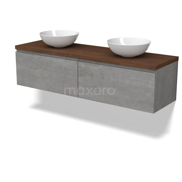 Modulo Plato Vanity units for countertop basin | 160 cm Light grey concrete Handle-less front Walnut worktop 2 Side-by-side drawers BMK12-02239 Badkamermeubel betonlook met dubbele witte waskommen, hangend design, houtlook blad, modern en stijlvol.