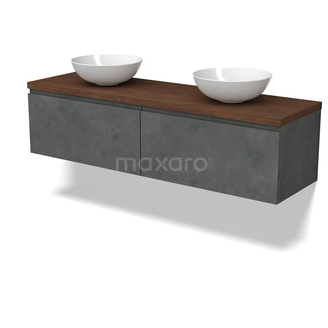 Modulo Plato Vanity units for countertop basin | 160 cm Dark grey concrete Handle-less front Walnut worktop 2 Side-by-side drawers BMK12-02241 Badkamermeubel in betonlook met houten blad, 2 witte opzetwaskommen, strak design, ideaal voor moderne badkamers.