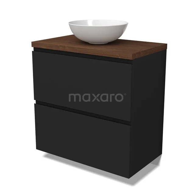 Modulo Plato Badkamermeubel voor waskom | 80 cm Mat zwart Greeploos front Walnoot blad 2 hoge lades onder elkaar BMK13-01186 Zwarte badkamermeubel met twee lades, houten blad en witte komvormige wastafel, modern design voor stijlvolle badkamers.