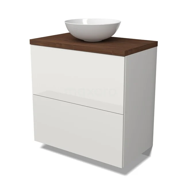 Weißes Badezimmermöbel mit Holzplatte und keramischem Waschbecken, modernes Design, ideal für ein stilvolles und organisiertes Badezimmer.