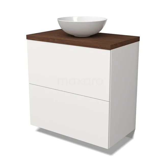 Wit badkamermeubel met houtlook bovenblad en ronde wastafel, modern design, geschikt voor stijlvolle badkamerinrichting.