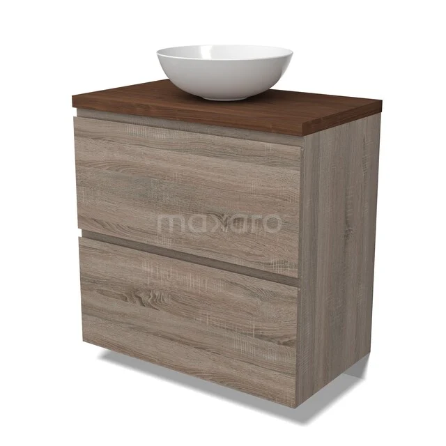 Waschbeckenmöbel Modulo BMK13-01194 Holz Badezimmermöbel mit zwei Schubladen, brauner Platte und weißem schalenförmigen Waschbecken; modernes Design mit natürlicher Ausstrahlung.