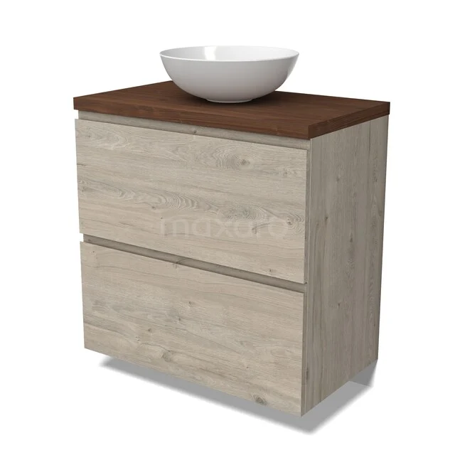 Modulo Plato Badkamermeubel voor waskom | 80 cm Lichtgrijs eiken Greeploos front Walnoot blad 2 hoge lades onder elkaar BMK13-01196 Houten badkamermeubel met licht eiken afwerking, twee lades en wit opzetwastafel; stijlvol en duurzaam design.