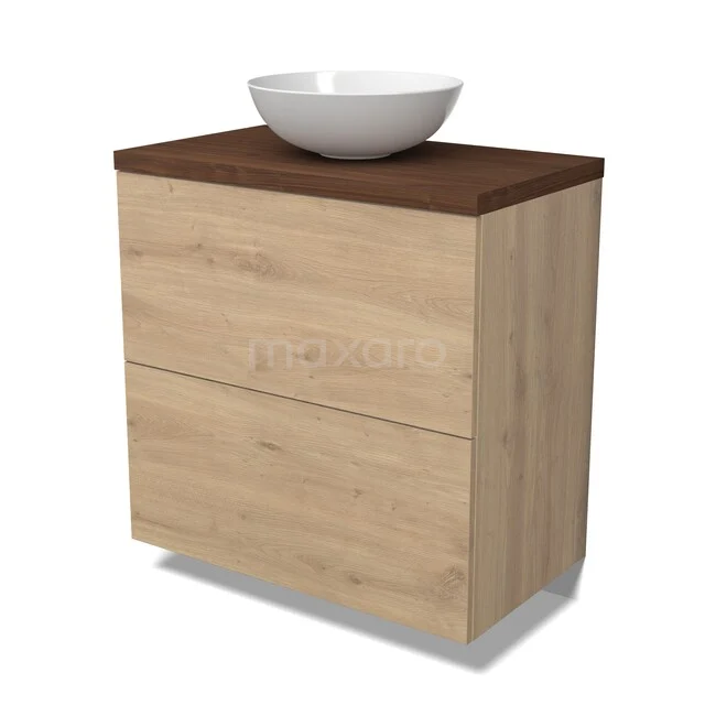 Modulo Plato Vanity units for countertop basin | 80 cm Light brown oak Flat front Walnut worktop 2 stacked drawers under each other BMK13-01197 Houten badkamermeubel met wastafel, eiken look, donkerbruin blad, modern design, ideaal voor een stijlvolle badkamerinrichting.