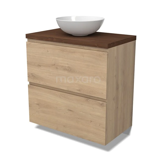 Houten badkamermeubel met 2 lades, bruin blad en witte komvormige wasbak, modern design.