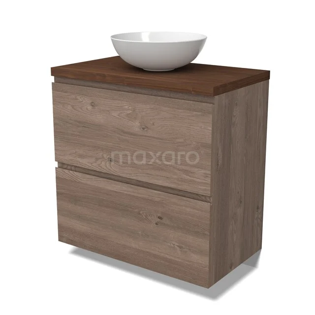 Modulo Plato Vanity units for countertop basin | 80 cm Mid brown oak Handle-less front Walnut worktop 2 stacked drawers under each other BMK13-01200 Houten badkamermeubel met twee lades, donkerbruin blad en witte ronde waskom, ideaal voor een moderne badkamer inrichting.