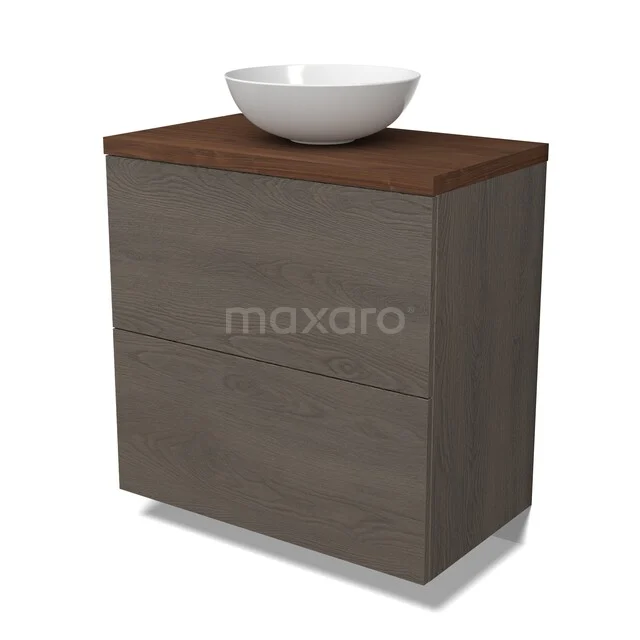 Houten badkamermeubel met een modern design, donkerbruin blad en ronde wastafel, perfect voor elke stijlvolle badkamer.