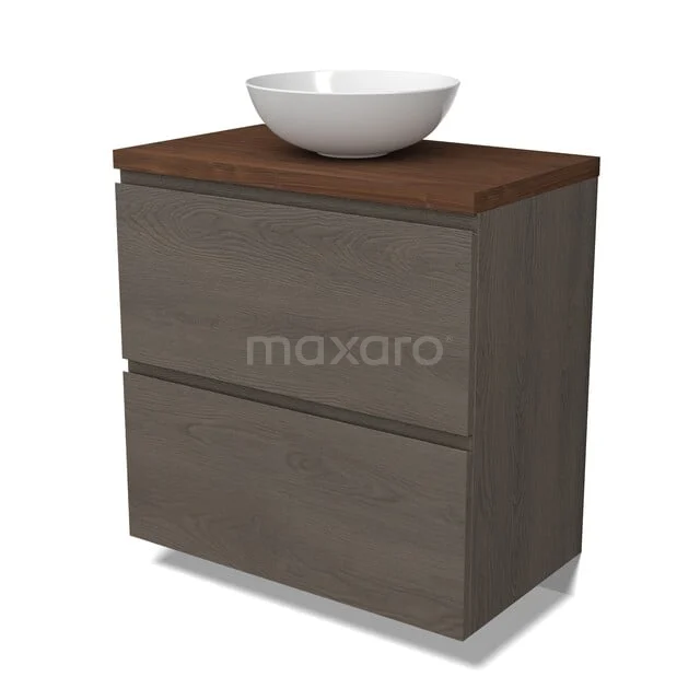 Modulo Plato Badkamermeubel voor waskom | 80 cm Donkerbruin eiken Greeploos front Walnoot blad 2 hoge lades onder elkaar BMK13-01202 Houten badkamermeubel met donkere houtlook, keramische opzetwastafel en twee lades, perfect voor een moderne badkamerstijl.