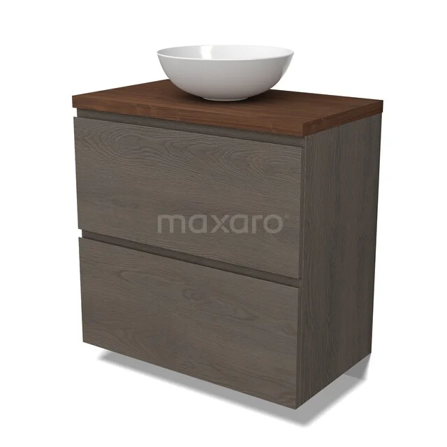 Houten badkamermeubel met donkere houtlook, keramische opzetwastafel en twee lades, perfect voor een moderne badkamerstijl.