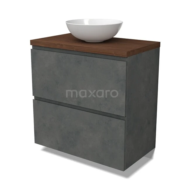 Waschbeckenmöbel Modulo BMK13-01206 Graues Waschtisch mit Betonlook, Holzplatte und weißem Aufsatzwaschbecken; ideal als stilvolle Aufbewahrungslösung für das Badezimmer.