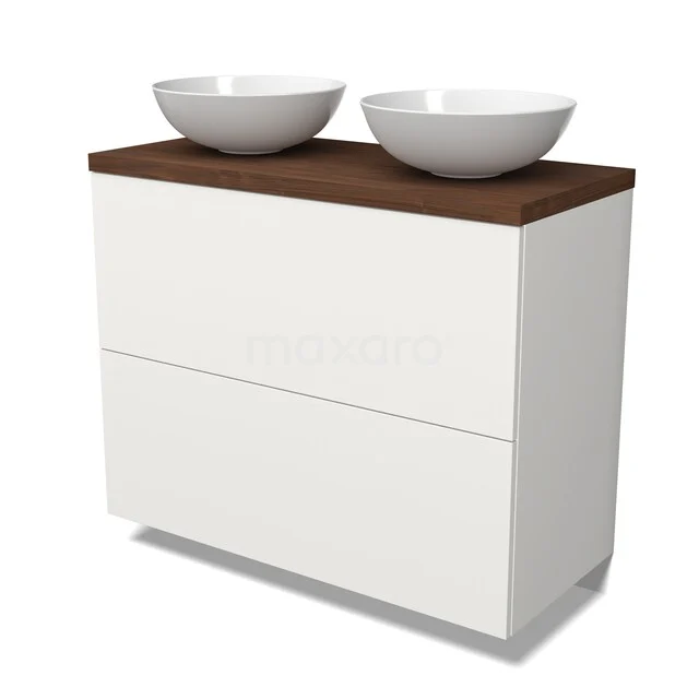 Weißes Badezimmermöbel mit Holzplatte, doppelten runden Waschbecken, modernes Design und zwei Schubladen für Stauraum.