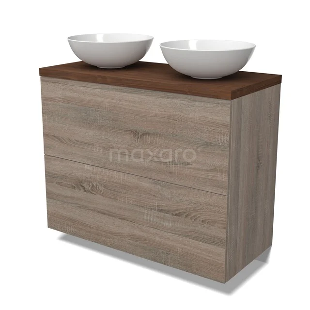 Holz Badezimmermöbel mit doppelten weißen Aufsatzwaschbecken, modernes Design und natürliche Eiche Oberflächenbehandlung.