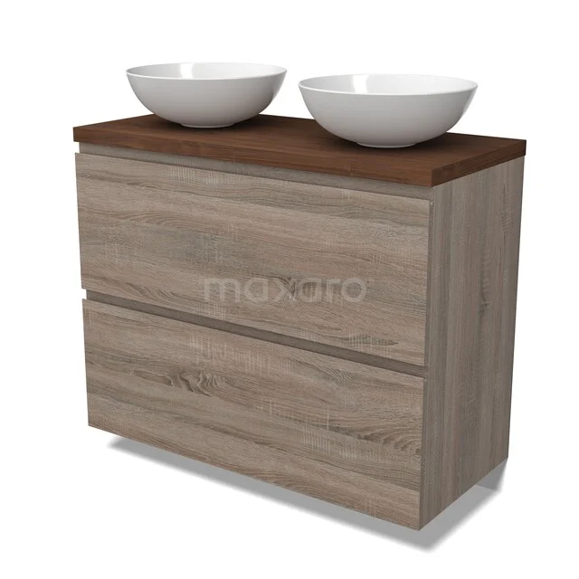 Modulo Plato Badkamermeubel voor waskom | 100 cm Eiken Greeploos front Walnoot blad 2 hoge lades onder elkaar BMK13-01216 Houten badkamermeubel met twee witte waskommen, houtlook design, perfect voor een stijlvolle en moderne badkamer inrichting.