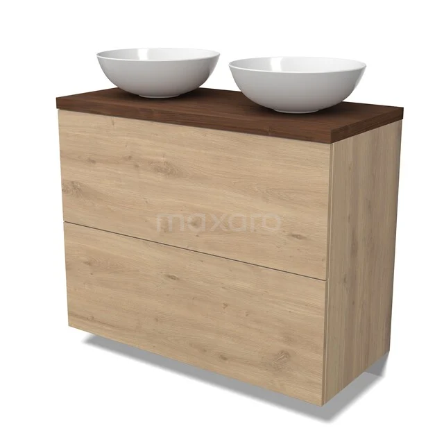 Modulo Plato Badkamermeubel voor waskom | 100 cm Lichtbruin eiken Vlak front Walnoot blad 2 hoge lades onder elkaar BMK13-01219 Houten badkamermeubel met dubbele waskommen, licht eiken afwerking en donker houten blad, modern en functioneel design.