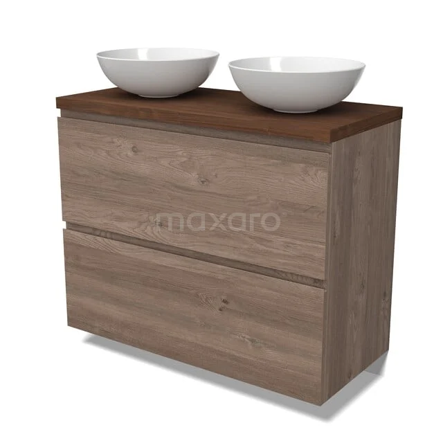 Modulo Plato Badkamermeubel voor waskom | 100 cm Middenbruin eiken Greeploos front Walnoot blad 2 hoge lades onder elkaar BMK13-01222 Houten badkamermeubel met dubbele wastafelkommen, modern design en natuurhouten afwerking voor een stijlvolle badkamer.