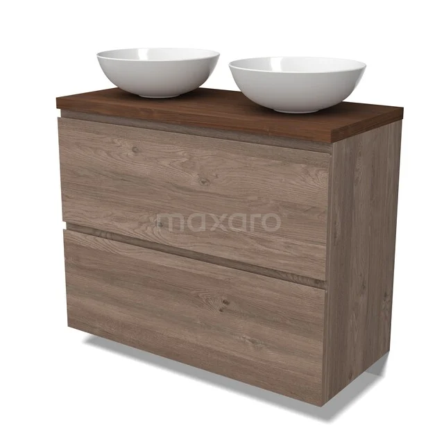 Modulo Plato Vanity units for countertop basin | 100 cm Mid brown oak Handle-less front Walnut worktop 2 stacked drawers under each other BMK13-01222 Houten badkamermeubel met dubbele wastafelkommen, modern design en natuurhouten afwerking voor een stijlvolle badkamer.