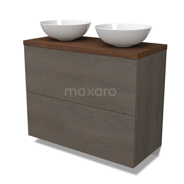 Modulo Plato Badkamermeubel voor waskom | 100 cm Donkerbruin eiken Vlak front Walnoot blad 2 hoge lades onder elkaar BMK13-01223 Houten badkamermeubel met twee witte keramische waskommen, modern design met warme houtlook en strakke lijnen.