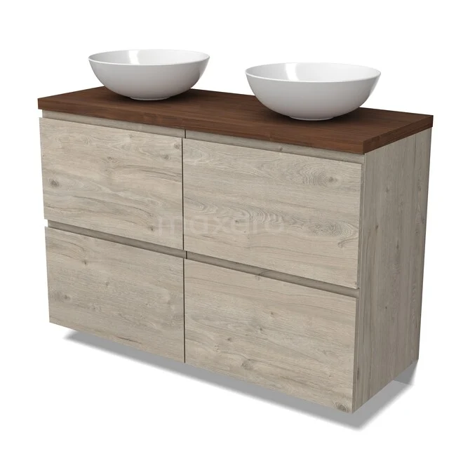 Badkamermeubel met twee witte waskommen, houtlook onderkast en donkerbruin blad, modern design.