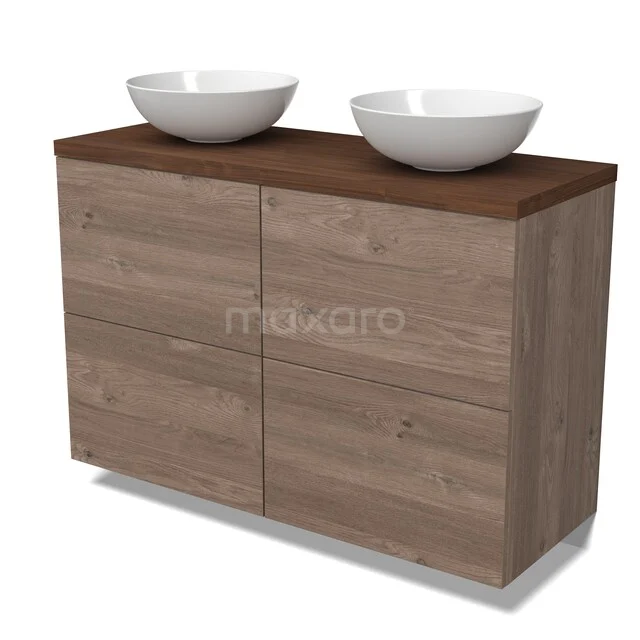 Modulo Plato Badkamermeubel voor waskom | 120 cm Middenbruin eiken Vlak front Walnoot blad 4 hoge lades BMK14-00954 Houten badkamermeubel met dubbele witte waskommen, modern design en opbergruimte, ideaal voor stijlvolle badkamerrenovaties.