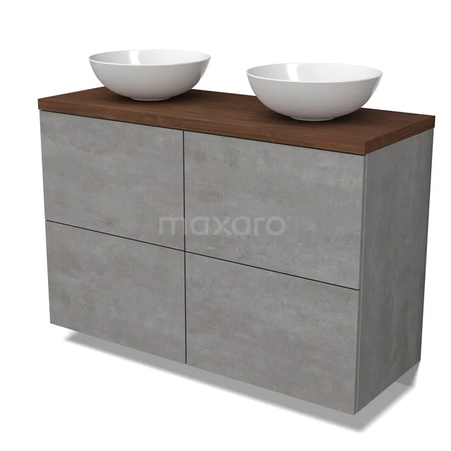 Badmöbel Betonlook, Holzplatte, Doppelwaschbecken; modernes Design aus nachhaltigen Materialien, ideal für stilvolle Bäder.