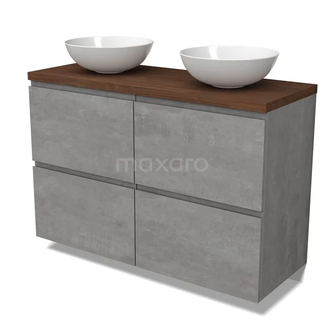 Modulo Plato Vanity units for countertop basin | 120 cm Light grey concrete Handle-less front Walnut worktop 4 high drawers BMK14-00959 Grijze badkamermeubelset met houtlook blad, dubbele witte waskommen, modern ontwerp, perfect voor stijlvolle badkamers.
