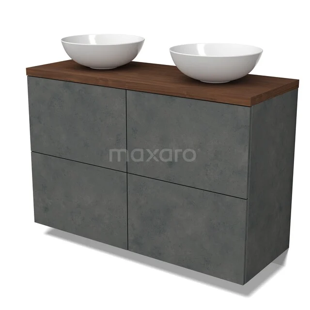 Grijze badkamermeubelset met betonlook, houten blad en twee witte waskommen, modern design.
