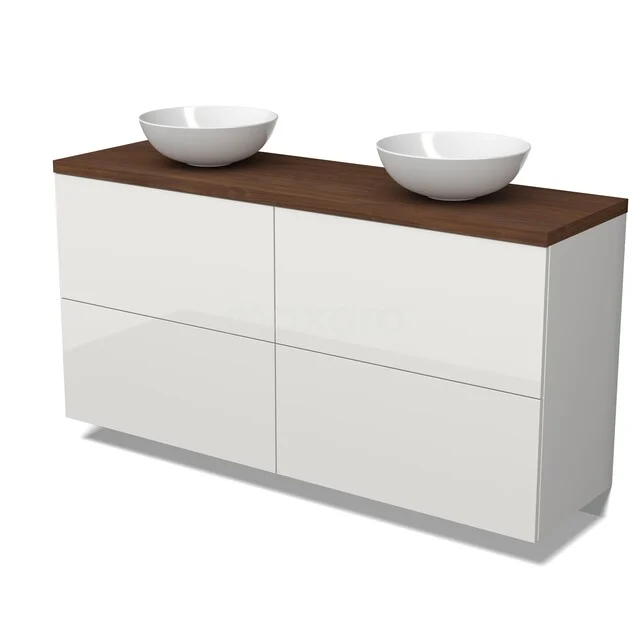 Wit glanzend badkamermeubel met dubbele keramische waskommen en houten blad, modern design, ideaal voor ruime badkamers.