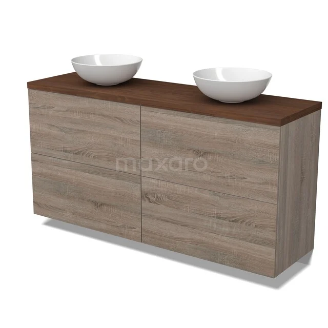Modulo Plato Vanity units for countertop basin | 160 cm Oak Flat front Walnut worktop 4 high drawers BMK14-00970 Houten badkamermeubel met dubbele waskommen, natuur eiken look en een donker houten blad, ideaal voor moderne badkamers.