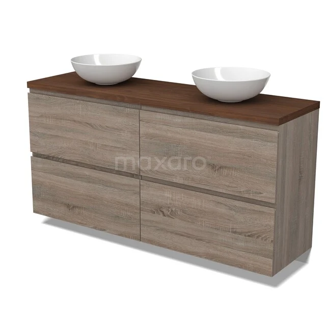 Modulo Plato Badkamermeubel voor waskom | 160 cm Eiken Greeploos front Walnoot blad 4 hoge lades BMK14-00971 Houten badkamermeubel met dubbele waskommen, moderne designlook, uitgevoerd in warme eikenfinish.