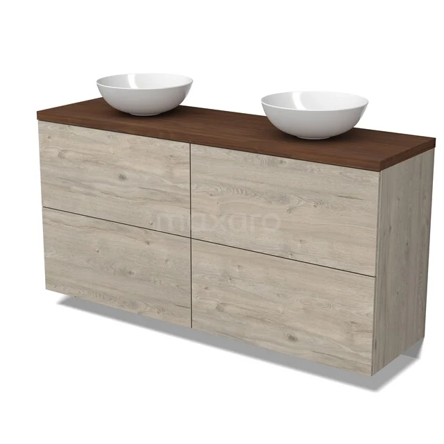 Waschbeckenmöbel Modulo BMK14-00972 Holz Badezimmermöbel mit doppelten weißen Aufsatzwaschbecken, heller Eiche Oberflächenbehandlung und dunkelbrauner Oberplatte, modernes Design.