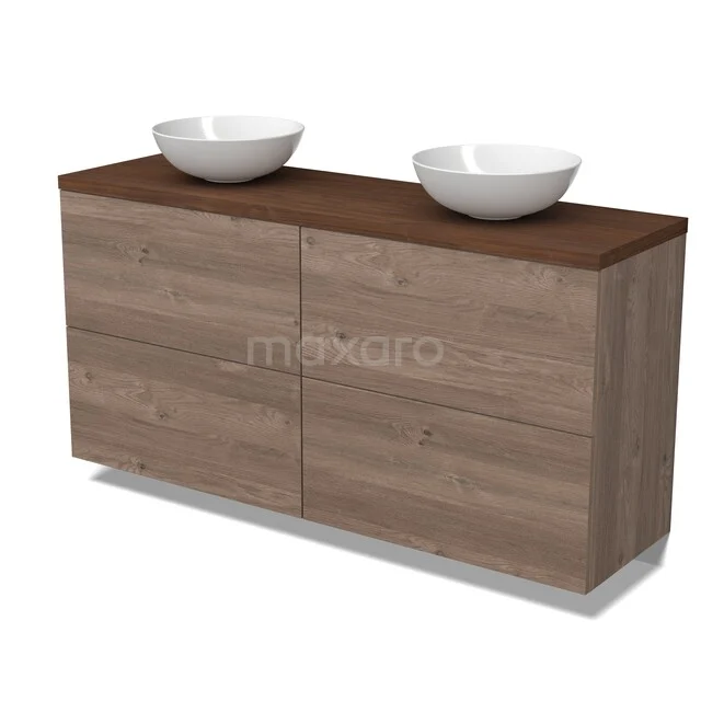 Modulo Plato Badkamermeubel voor waskom | 160 cm Middenbruin eiken Vlak front Walnoot blad 4 hoge lades BMK14-00976 Houten badkamermeubel met dubbele waskommen, warme houttint en minimalistisch design, ideaal voor een moderne badkamer.