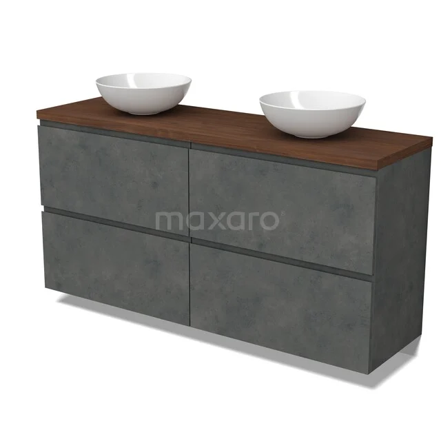 Grijs houten badkamermeubel met betonlook afwerking, dubbele wastafel en bruine bovenkant, modern design voor de badkamer.