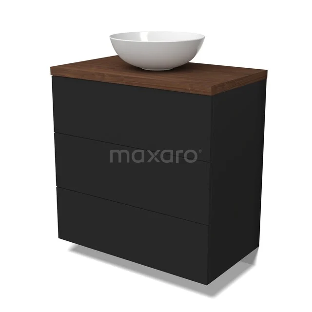 Zwart badkamermeubel met houten blad en ronde witte waskom, modern design uit de Nordic Wood-serie.